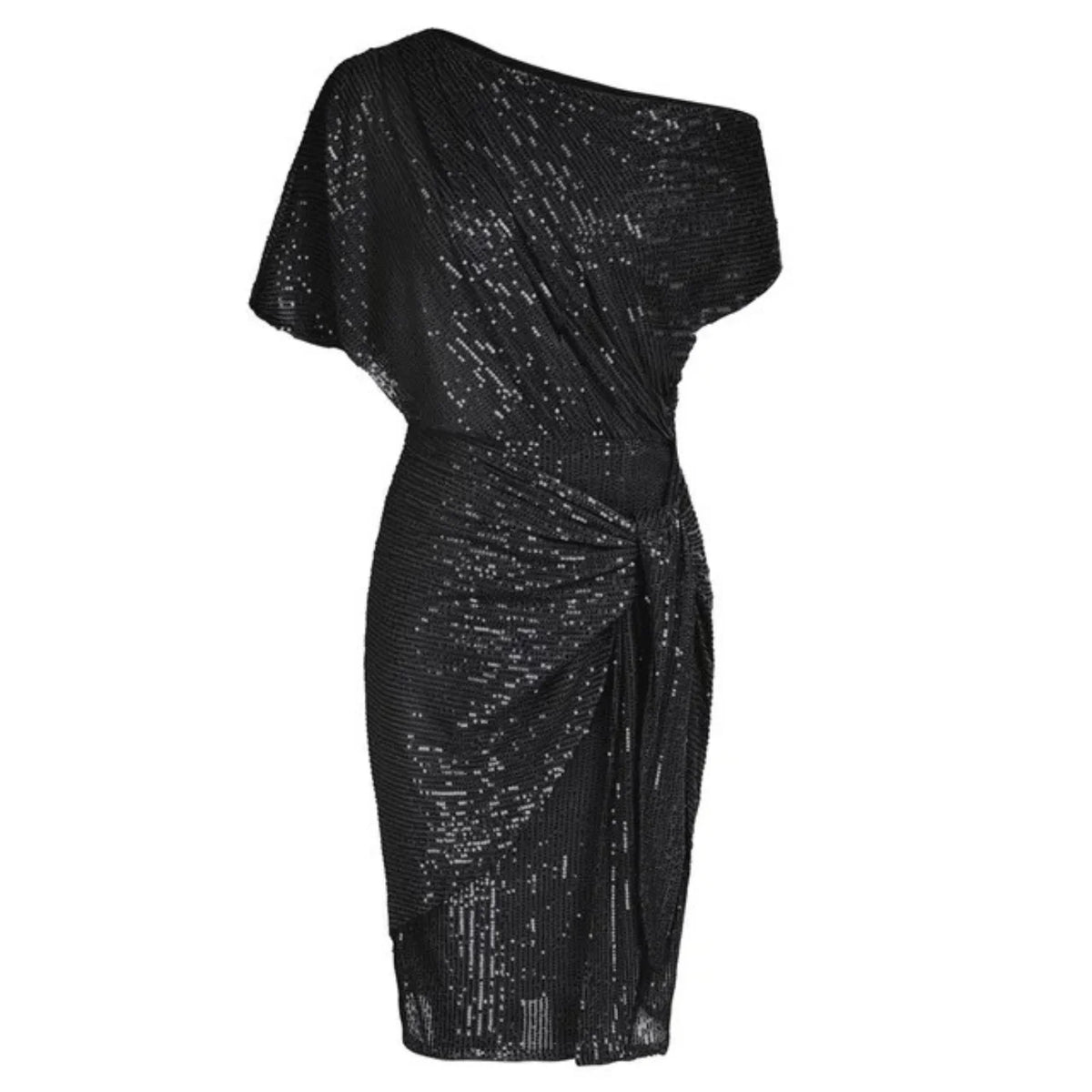 Black Sparkly Dress – One-Shoulder Ruched Cocktail Midi - Black