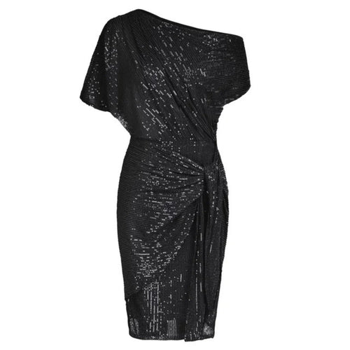 Black Sparkly Dress – One-Shoulder Ruched Cocktail Midi