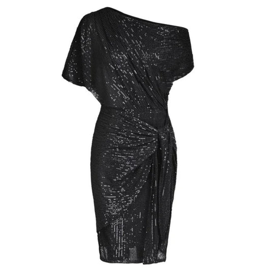 Black Sparkly Dress – One-Shoulder Ruched Cocktail Midi - Black