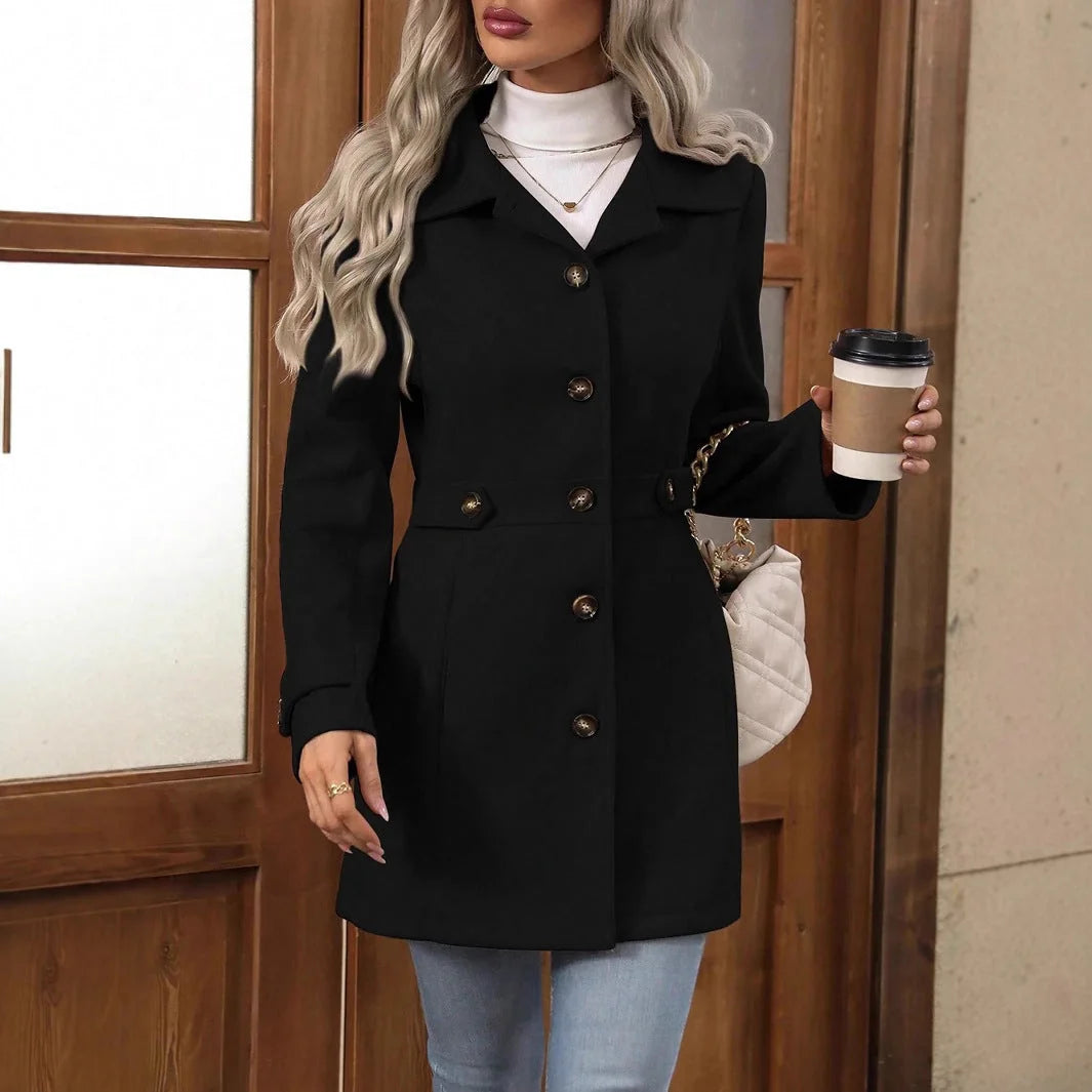 Black Trench Coat Women – Single-Breasted Fitted Button Front