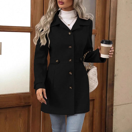 Black Trench Coat Women – Single-Breasted Fitted Button Front
