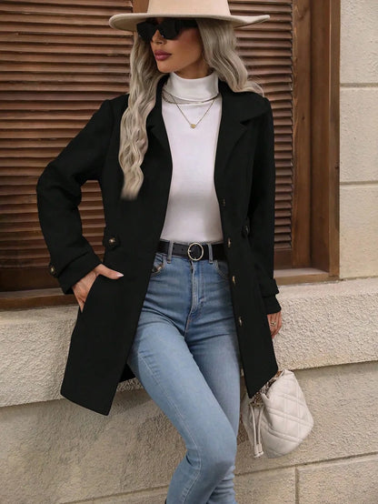 Black Trench Coat Women – Single-Breasted Fitted Button Front