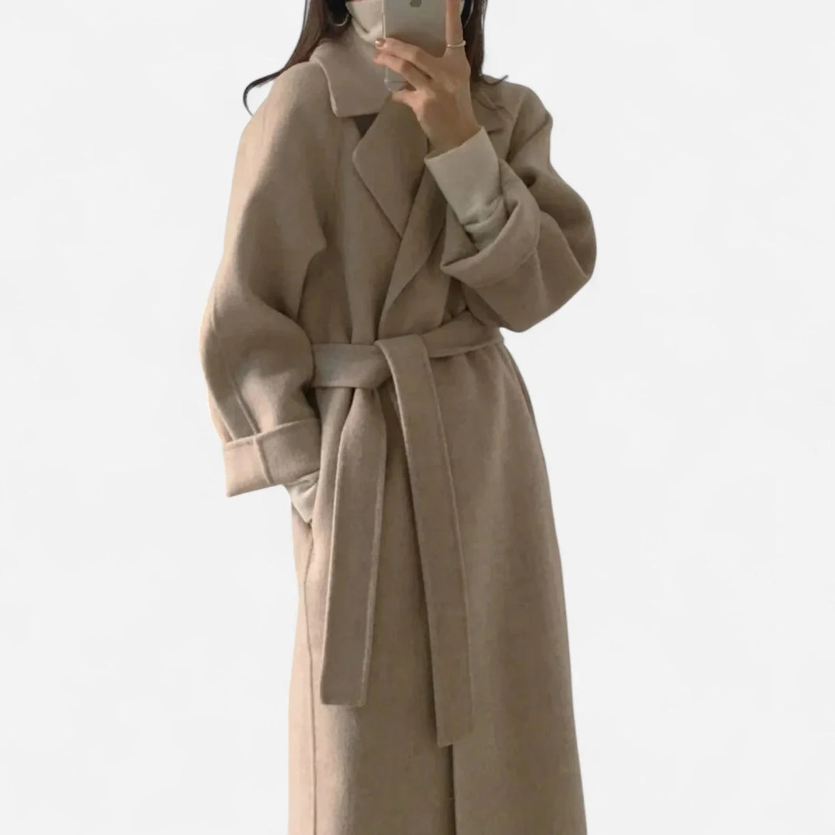 Black Wool Coat Women – Belted Longline Wool-Blend Wrap - Beige