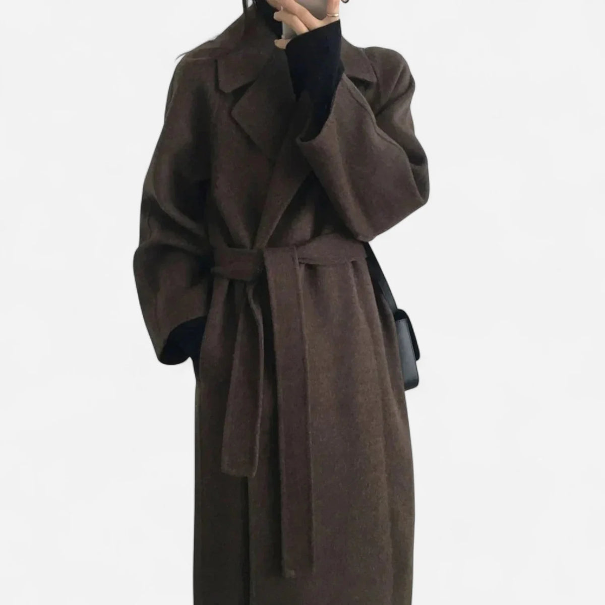 Black Wool Coat Women – Belted Longline Wool-Blend Wrap - Brown