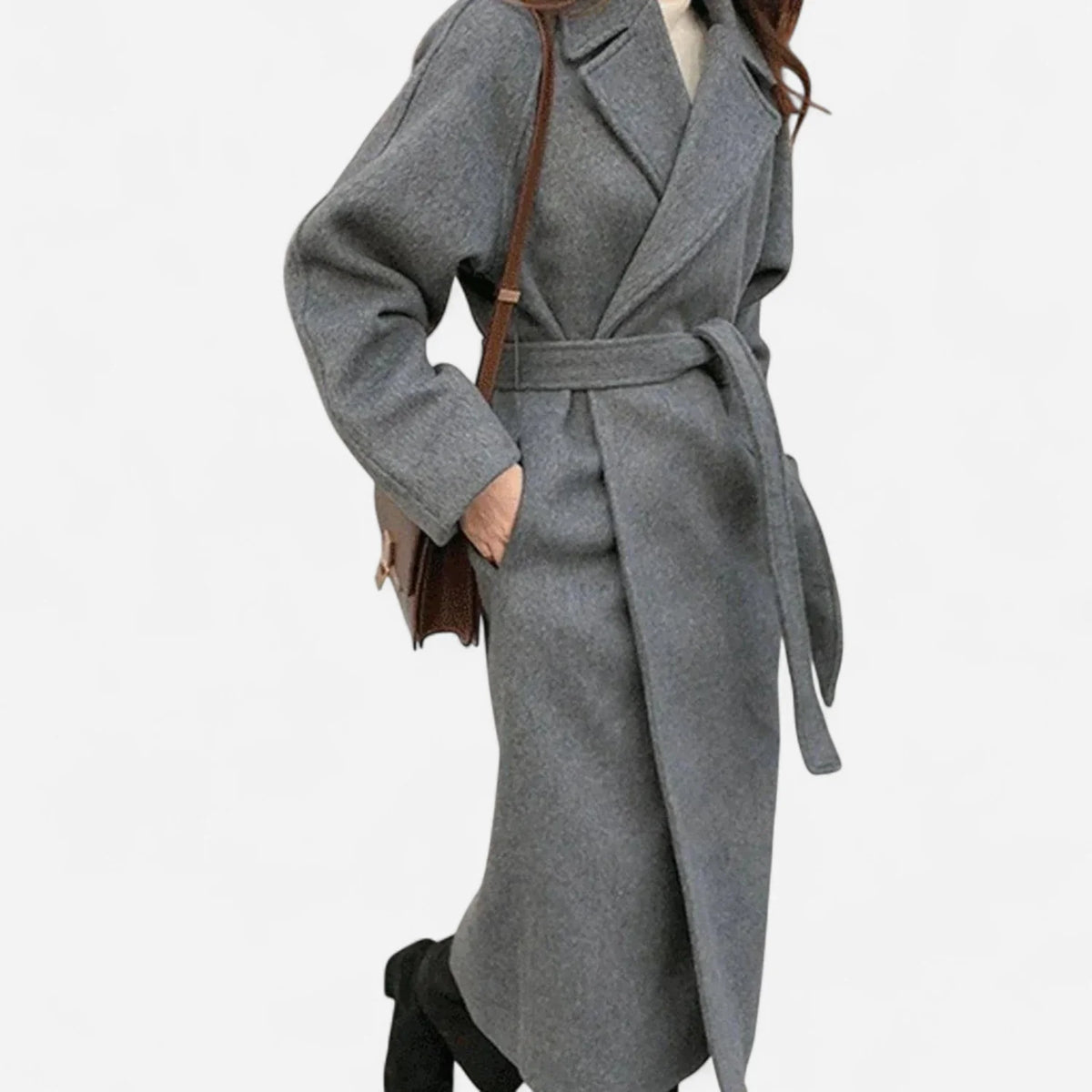Black Wool Coat Women – Belted Longline Wool-Blend Wrap - Dark Grey
