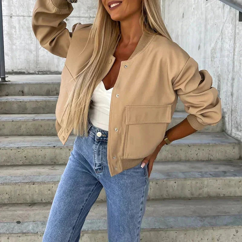 Grey Bomber Jacket Women – Oversized Flap Pocket Jacket - Brown