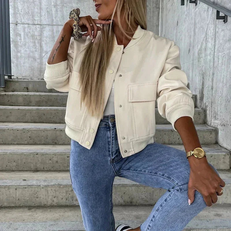 Grey Bomber Jacket Women – Oversized Flap Pocket Jacket - Cream