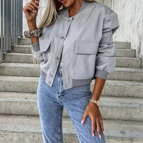 Grey Bomber Jacket Women – Oversized Flap Pocket Jacket