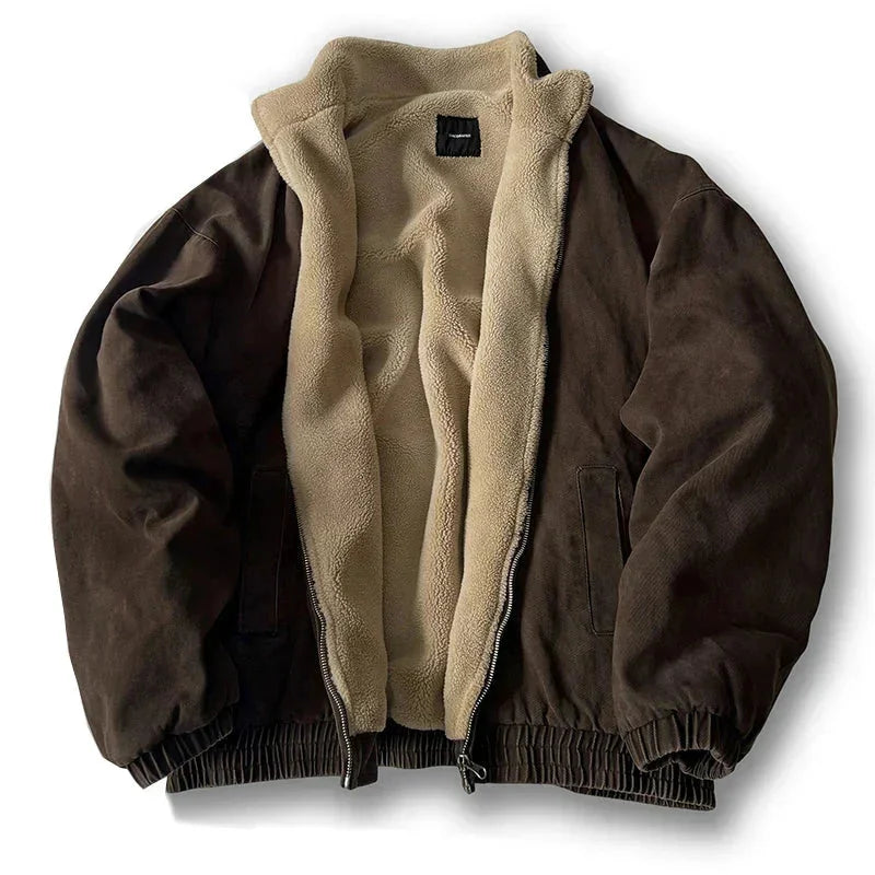 Grey Men's Fleece Jacket – Sherpa-Lined Zip Stand Collar - Brown