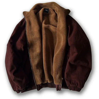 Grey Men's Fleece Jacket – Sherpa-Lined Zip Stand Collar - Red