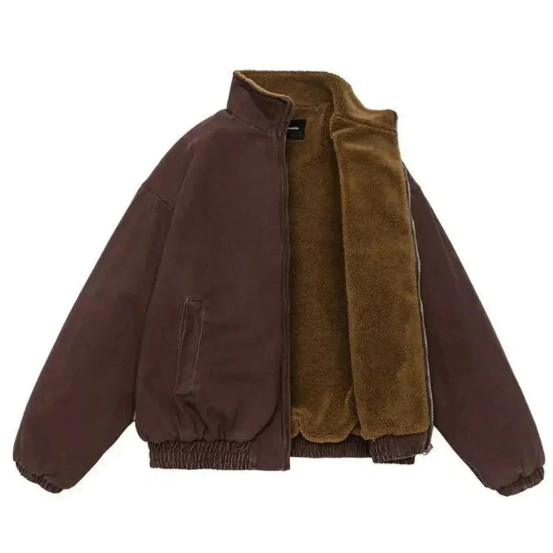 Grey Men's Fleece Jacket – Sherpa-Lined Zip Stand Collar