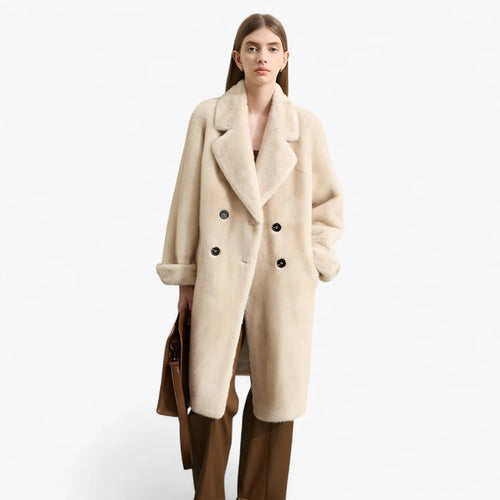Beige Double Breasted Faux Fur Coat