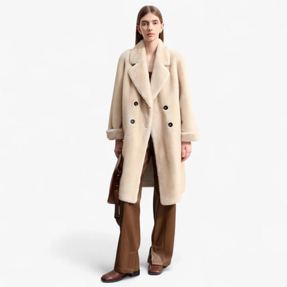 Beige Double Breasted Faux Fur Coat