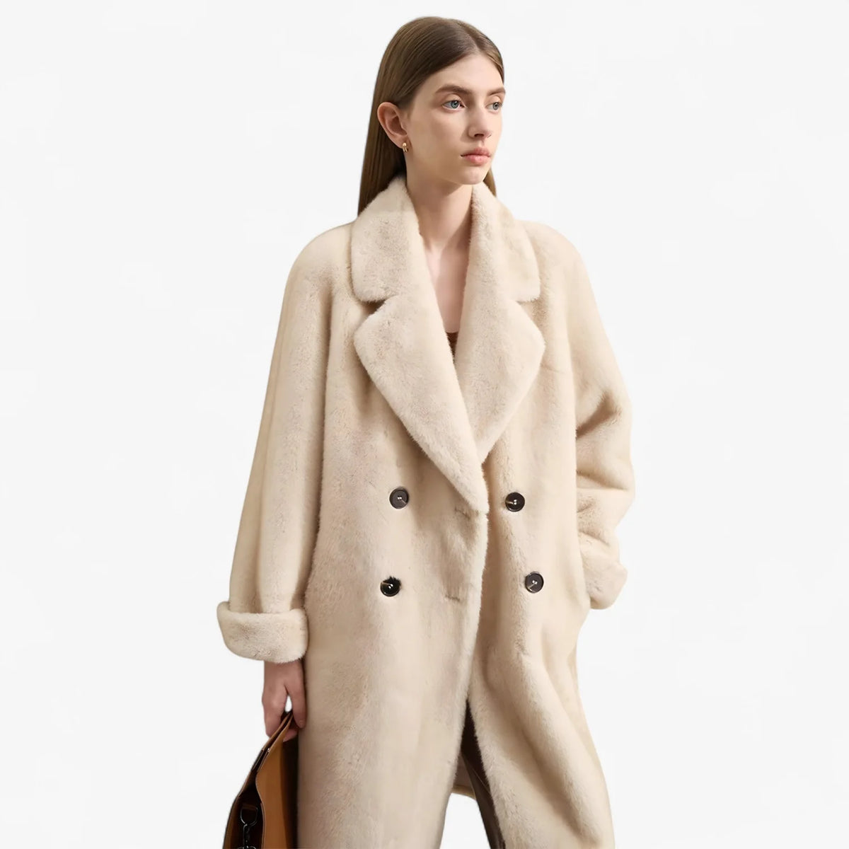 Beige Double Breasted Faux Fur Coat