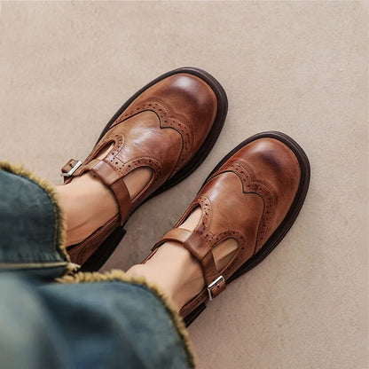 Black Brogue Mary Jane Shoes - Brown