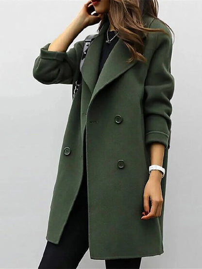 Black Double Breasted Long Wool Coat - Army Green