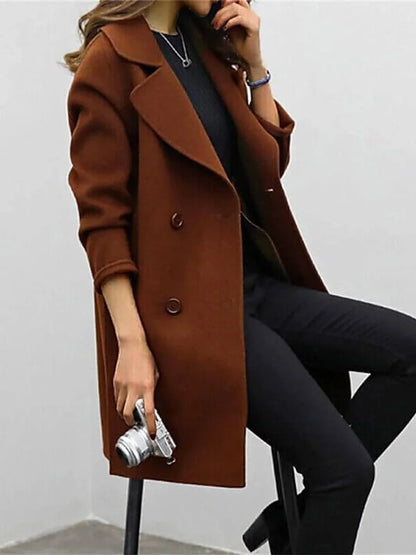 Black Double Breasted Long Wool Coat - Brown