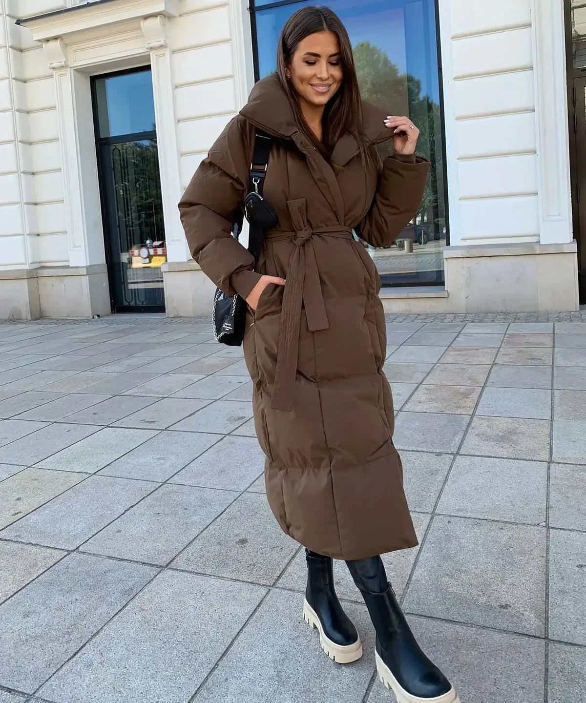 Black Long Puffer Coat - Brown
