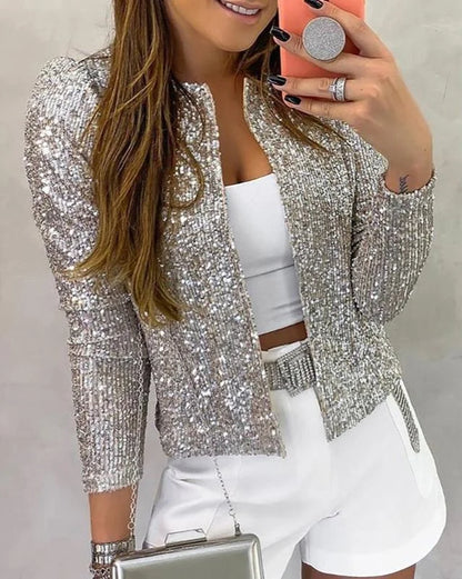 Black Open Front Sequin Jacket - Silver