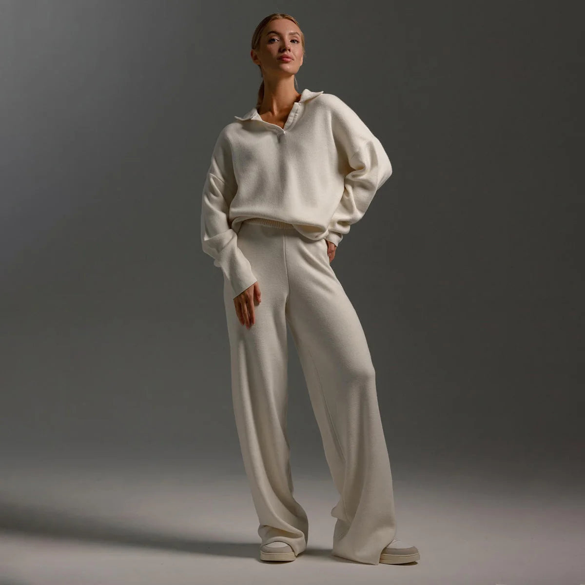 Black Polo Sweater Pant Set - Beige