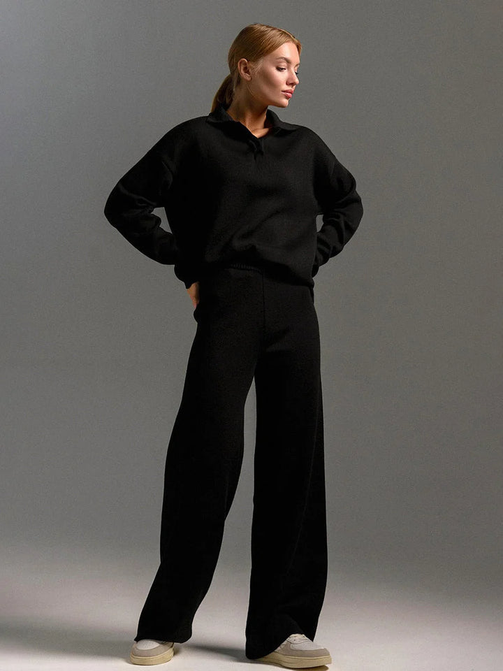 Black Polo Sweater Pant Set - Black