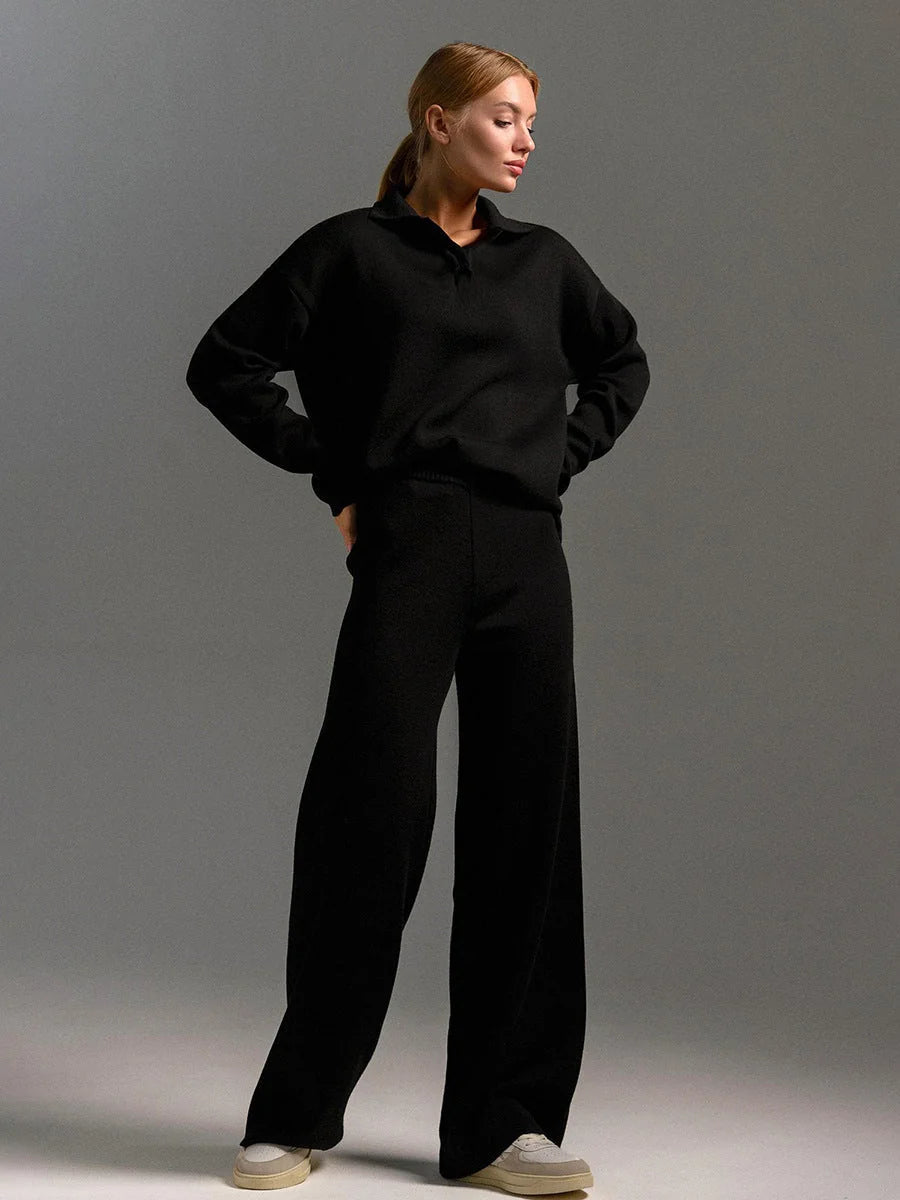 Black Polo Sweater Pant Set - Black