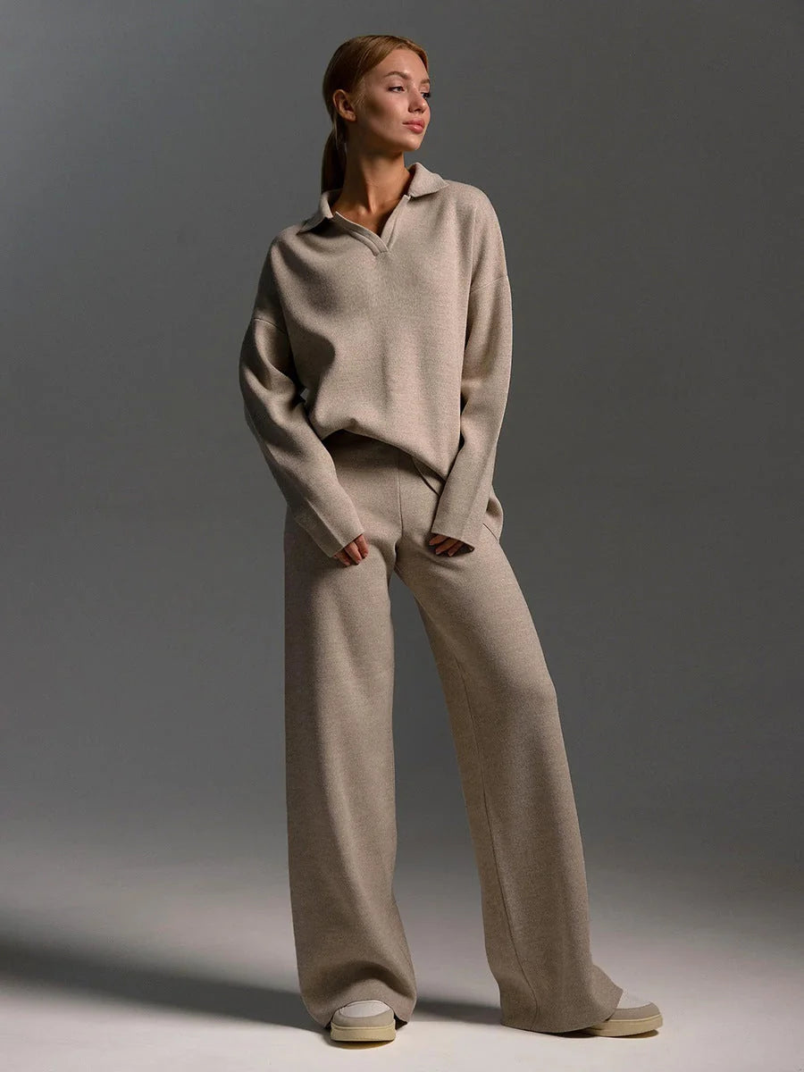 Black Polo Sweater Pant Set - Khaki