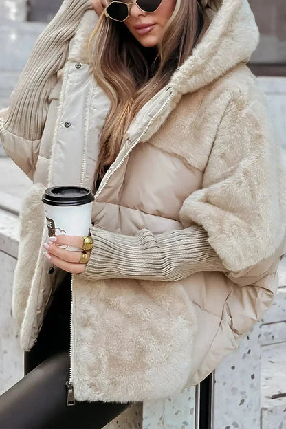 Brown Puffer Faux Fur Jacket - Beige