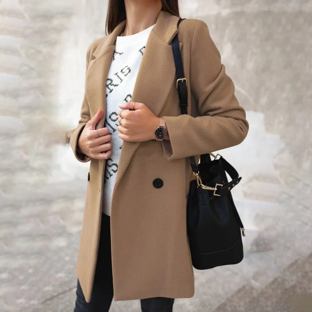 Burgundy Double Breasted Wool Coat - Khaki
