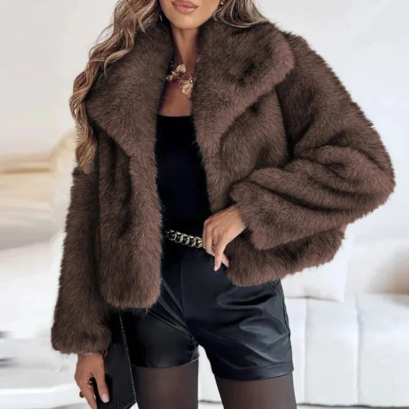 Dark Grey Short Faux Fur Coat - Brown