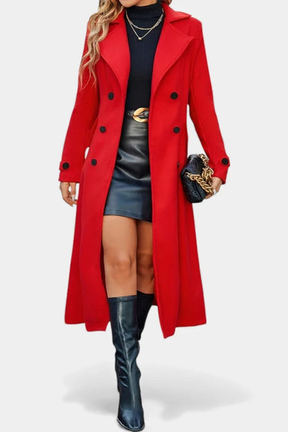 Long Double Breasted Red Coat - Red
