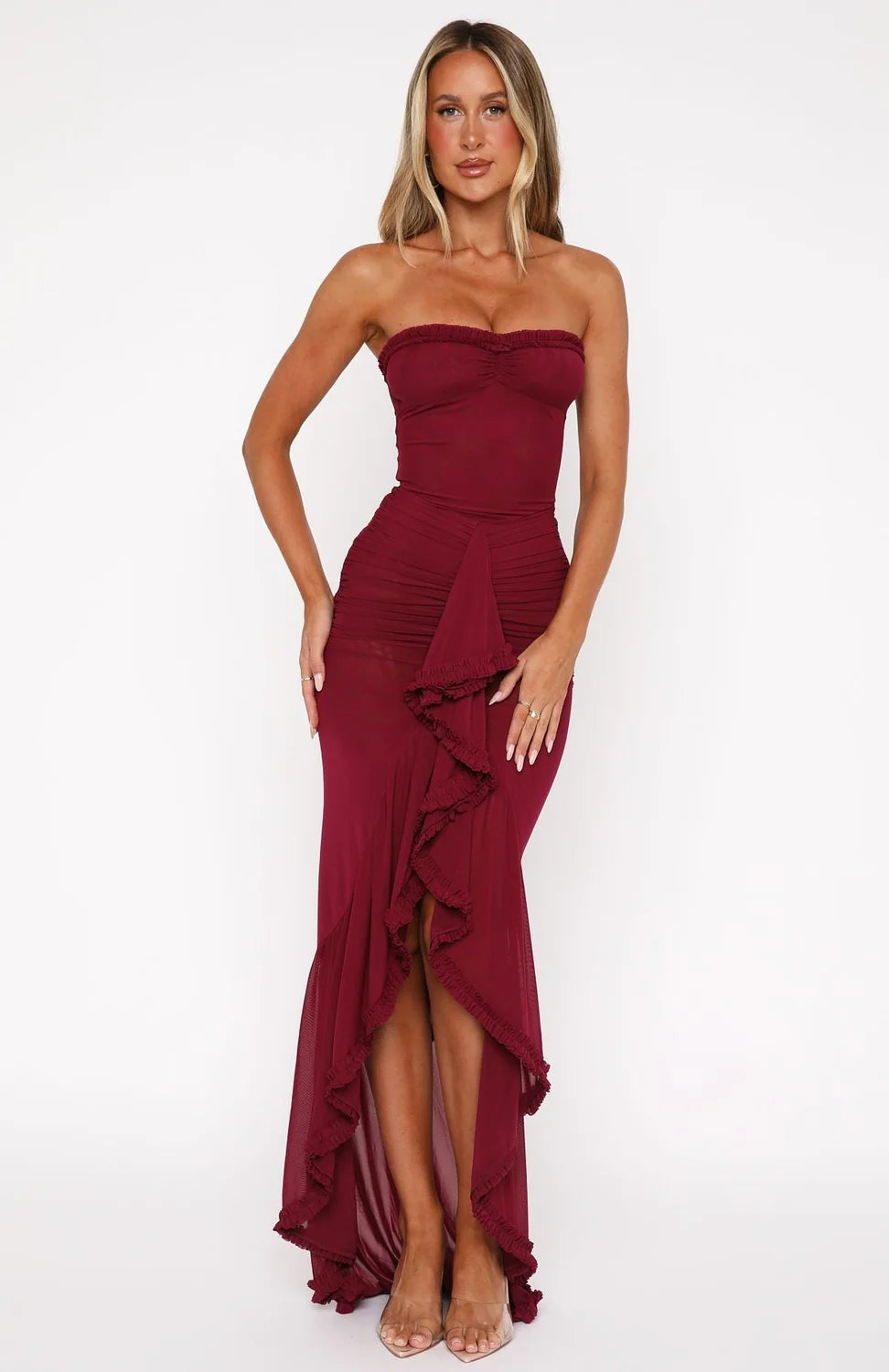Strapless Ruffle Red Maxi Dress