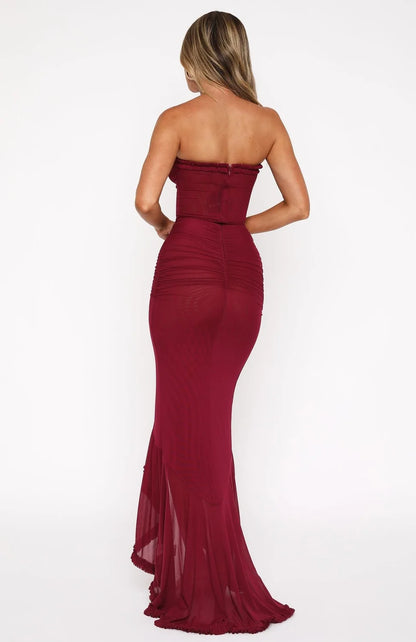 Strapless Ruffle Red Maxi Dress