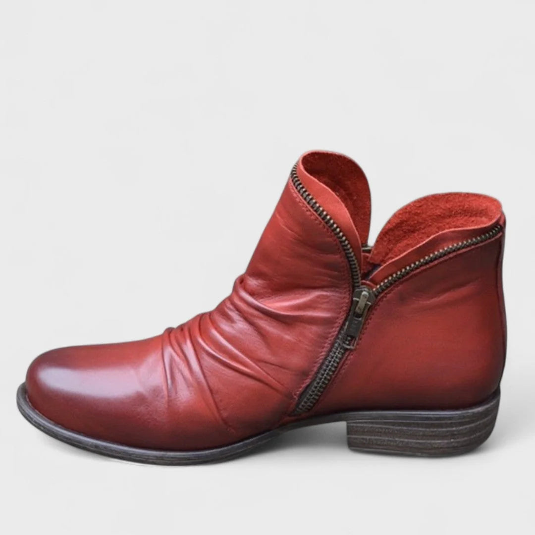 Ankle Boots Black Ruched Side Zip - Red