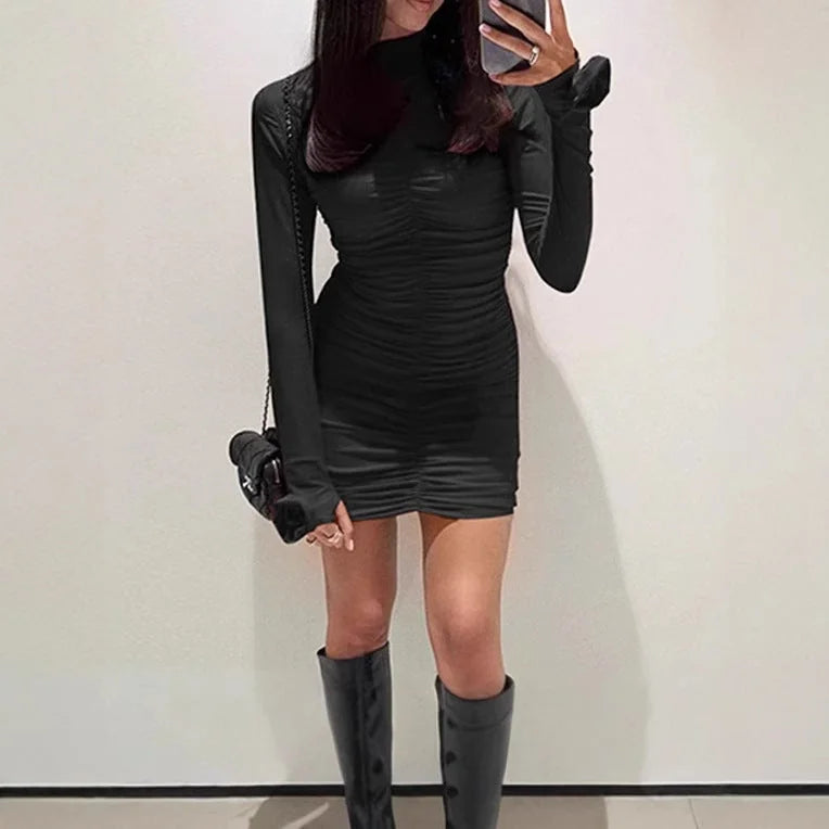 Bodycon Dress Black Ruched Long Sleeve - Black