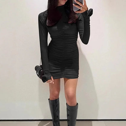 Bodycon Dress Black Ruched Long Sleeve - Black