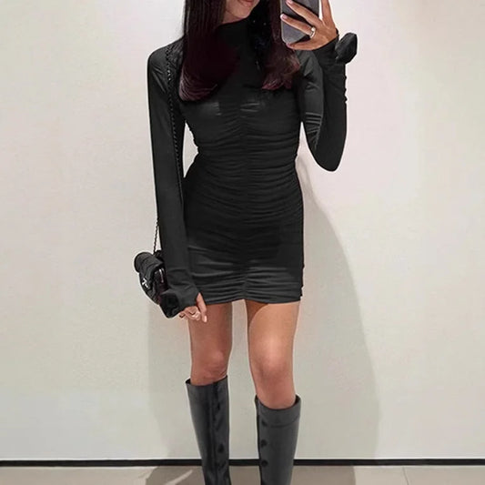 Bodycon Dress Black Ruched Long Sleeve - Black