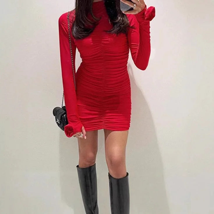 Bodycon Dress Black Ruched Long Sleeve - Red