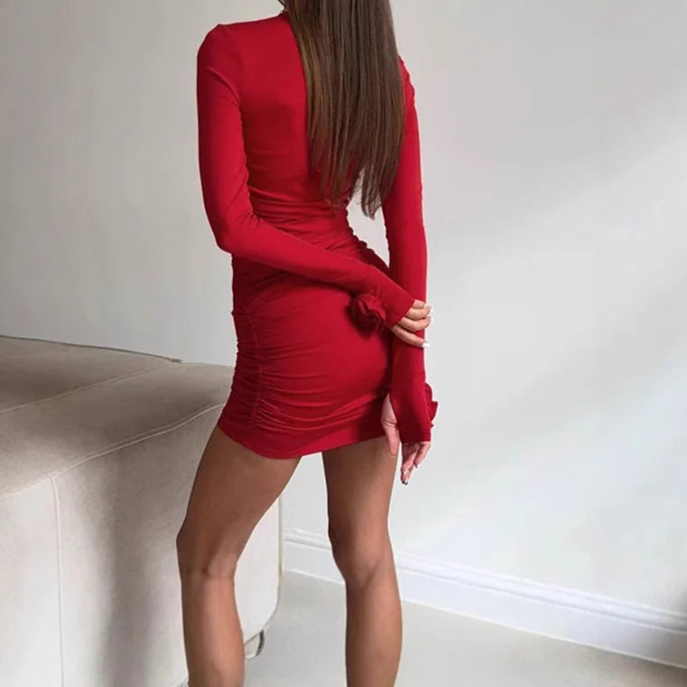Bodycon Dress Black Ruched Long Sleeve - Red