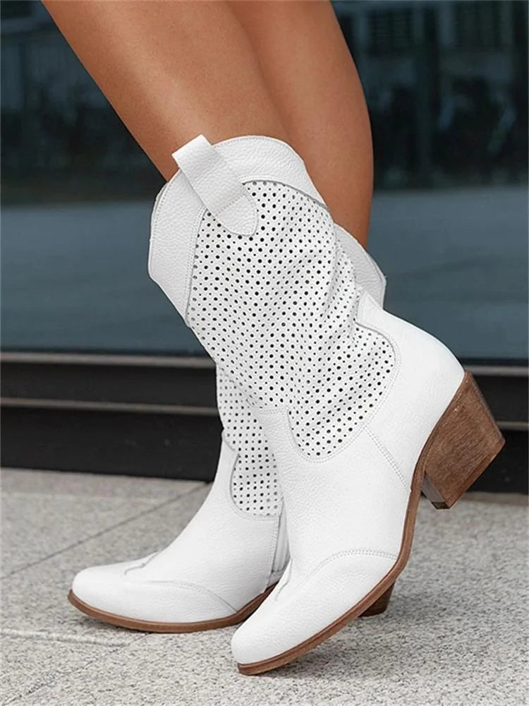 Cowboy Boots Black Perforated - White