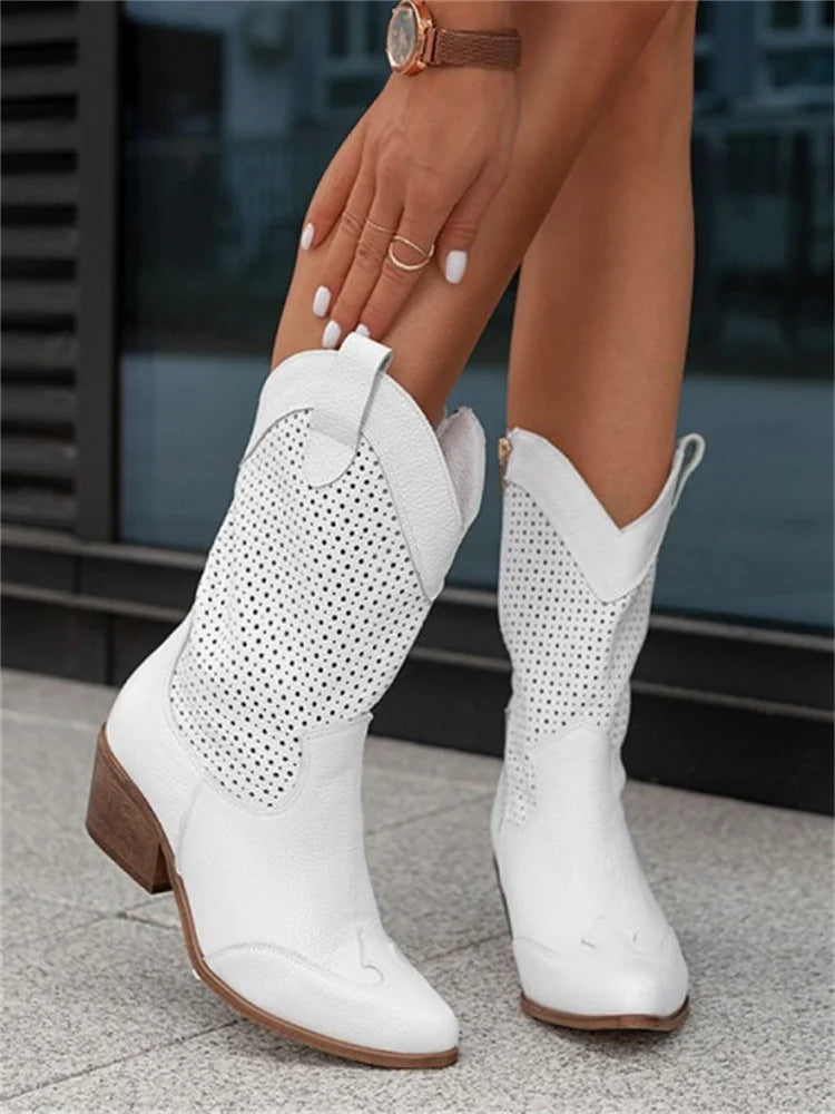Cowboy Boots Black Perforated - White