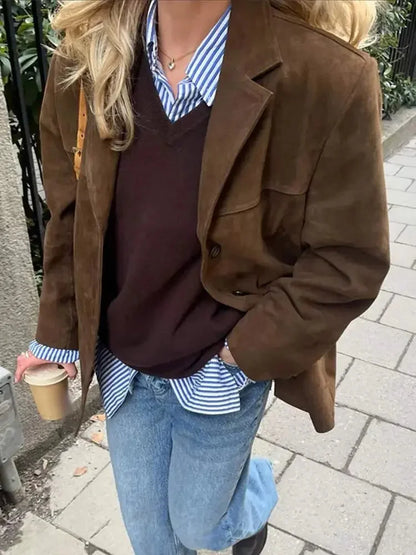 Faux Suede Jacket Brown Oversized - Brown