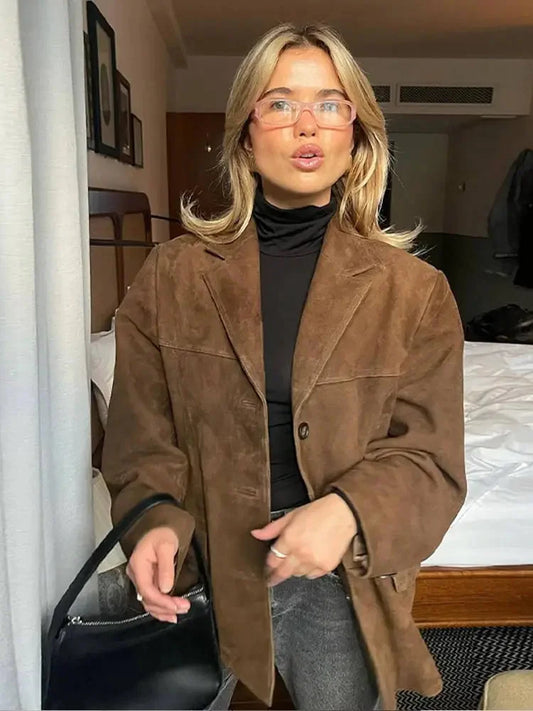 Faux Suede Jacket Brown Oversized - Brown