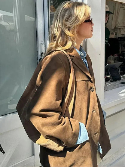 Faux Suede Jacket Brown Oversized - Brown