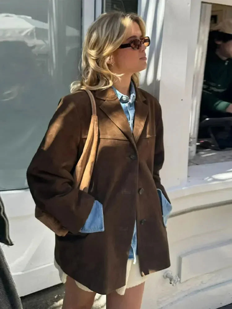 Faux Suede Jacket Brown Oversized - Brown