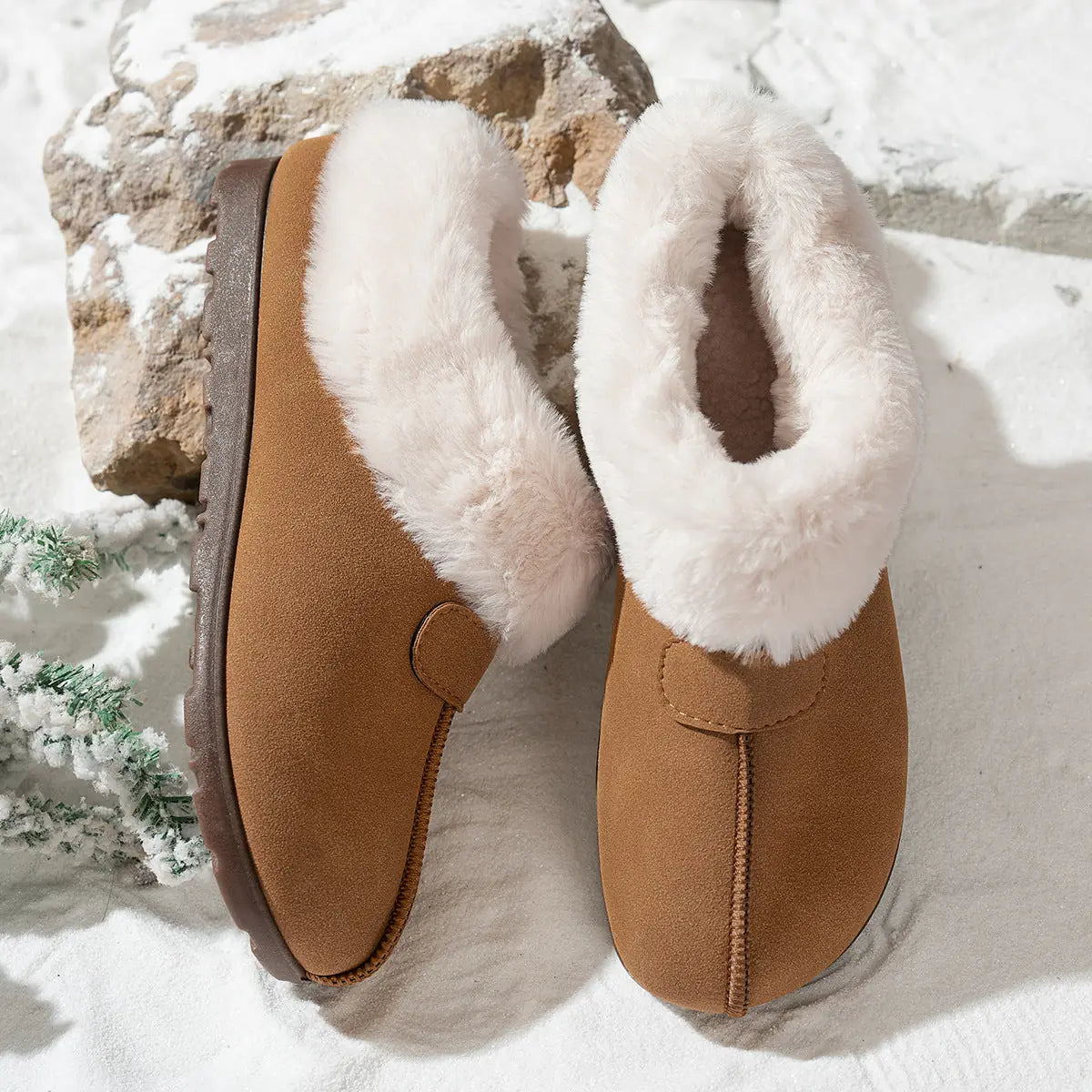 Fuzzy Slippers Black Plush Cuff - Black