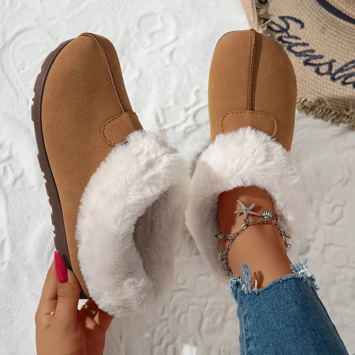 Fuzzy Slippers Black Plush Cuff - Khaki