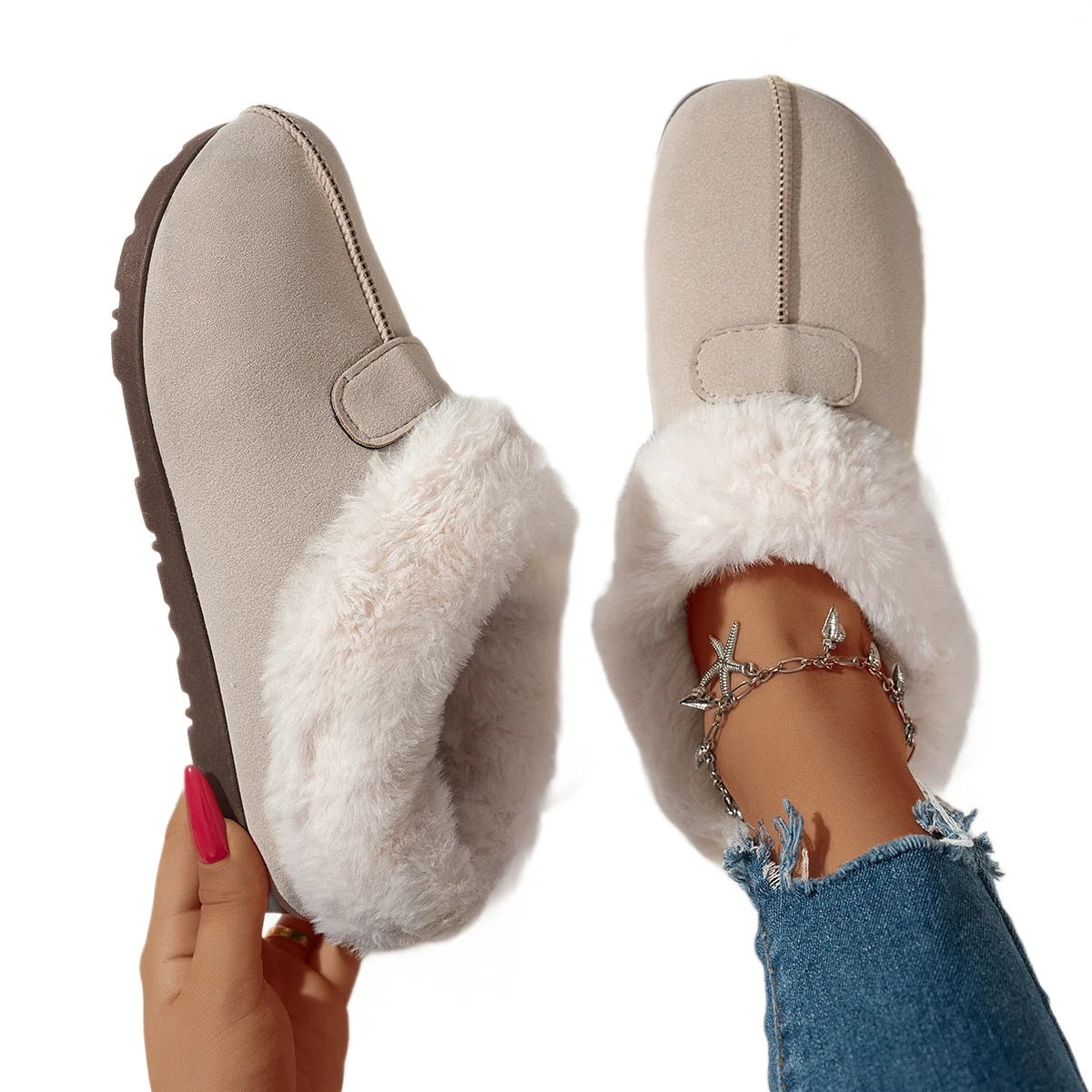 Fuzzy Slippers Black Plush Cuff - White