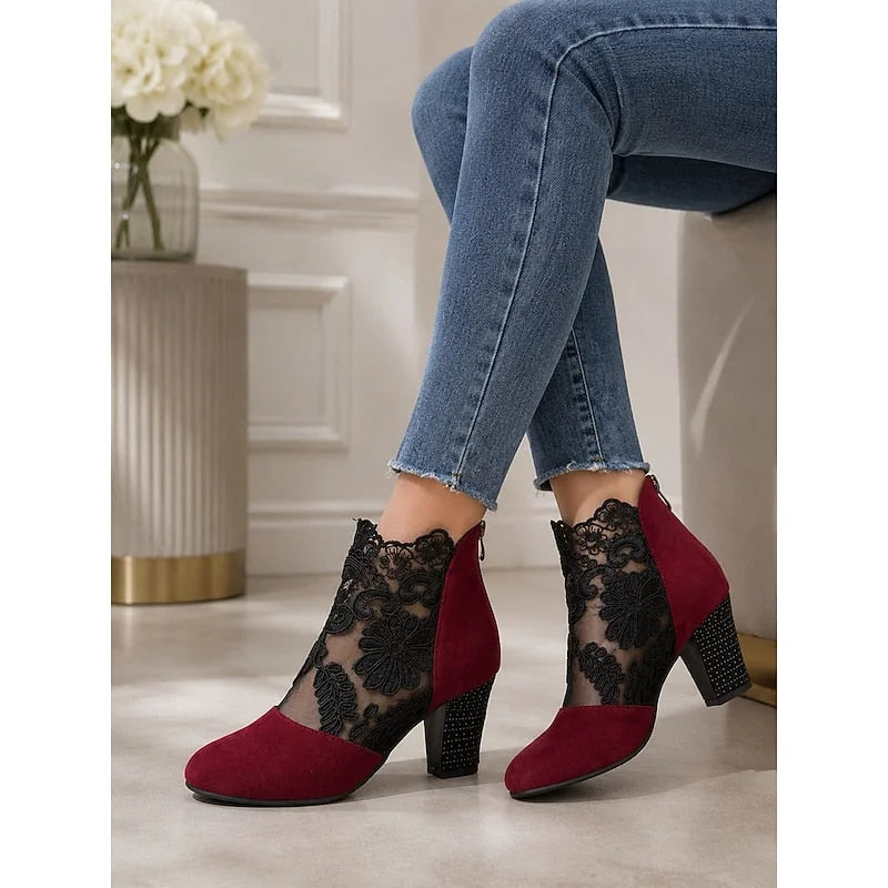 Heeled Ankle Boots Burgundy Lace - Burgundy