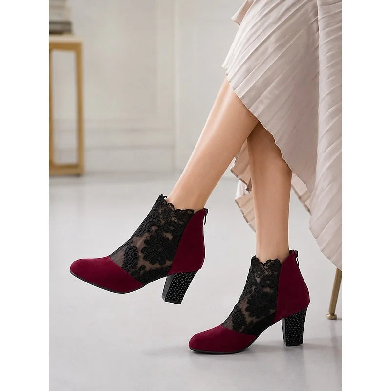 Heeled Ankle Boots Burgundy Lace - Burgundy